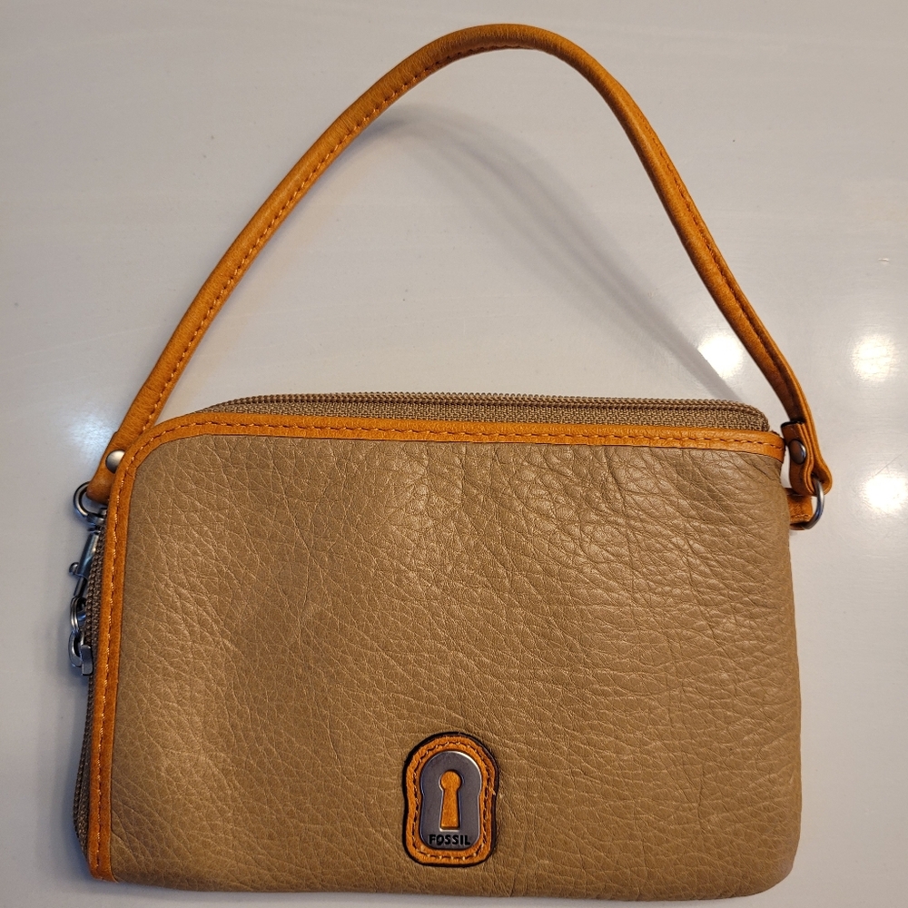 FOSSIL CLUTCH "Flower & Sunshine" Light Brown Leather w/ Pink, Orange, & Cream - Picture 4 of 12
